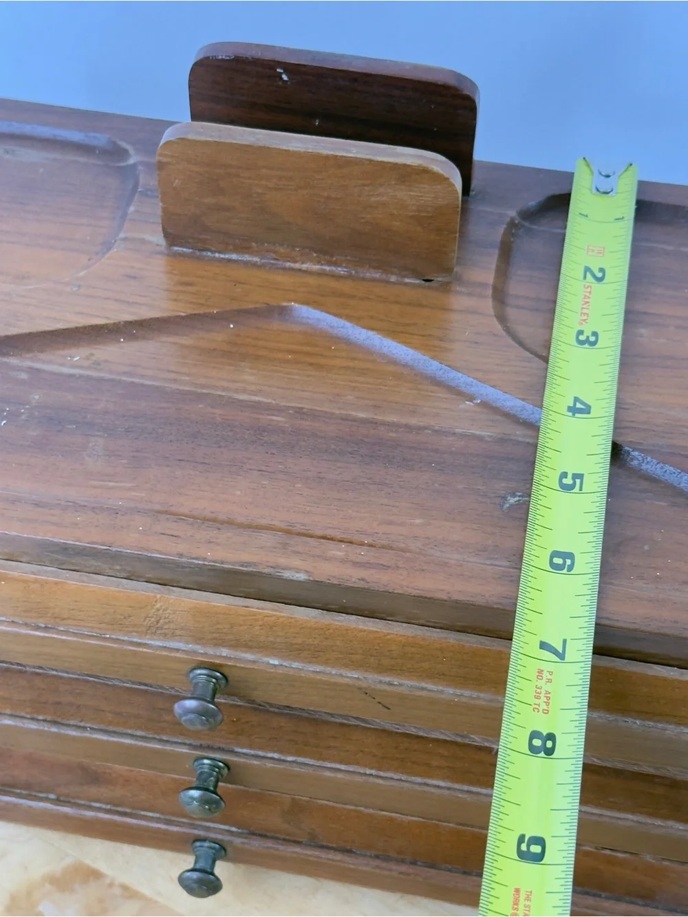 Mid Century Walnut Wood Desk Organizer Jewelry Desk Valet Box w Drawers Catchall